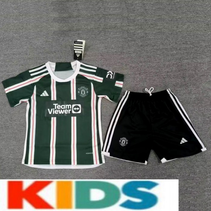 23/24 Kids Manchester United M-U Away Green White Kids Jersey Kit short Sleeve (Shirt + Short)-4325654