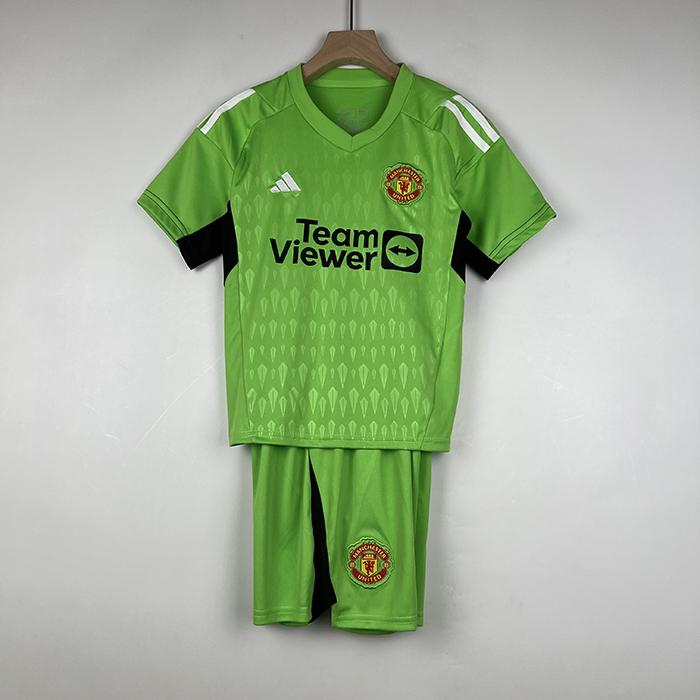 23/24 Kids Goalkeeper Manchester United M-U Green Kids Jersey Kit short Sleeve (Shirt + Short)-3345837