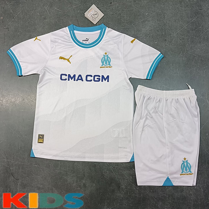 23/24 Kids Marseille Home White Kids Jersey Kit short Sleeve (Shirt + Short)-6559373