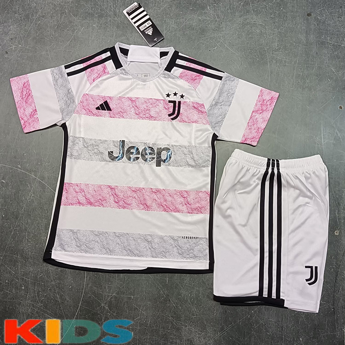 23/24 Kids Juventus Away White Pink Kids Jersey Kit short Sleeve (Shirt + Short)-9728803