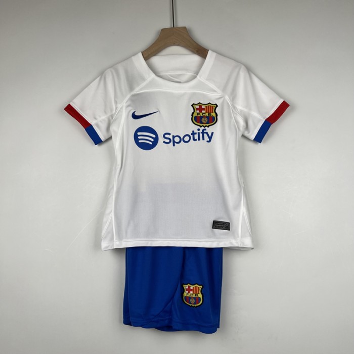 23/24 Kids Barcelona Away White Kids Jersey Kit short Sleeve (Shirt + Short)-2988031