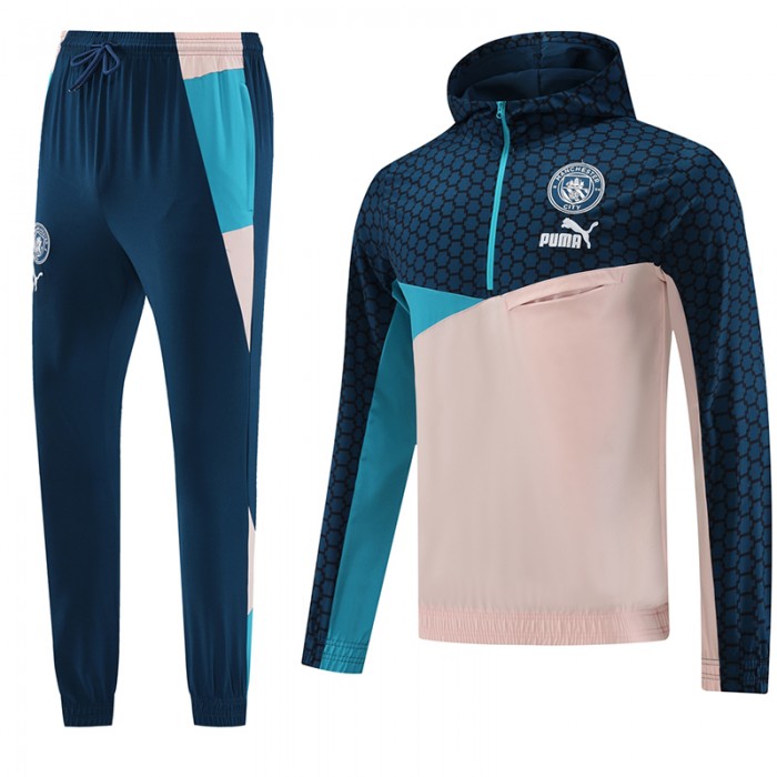 23/24 Manchester City Khaki Blue Hooded Edition Classic Jacket Training Suit (Top+Pant)-6816316