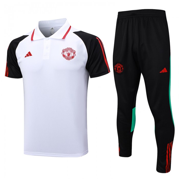 23/24 Manchester United M-U POLO White Training jersey Kit short sleeve (Shirt + Pants)-4185023