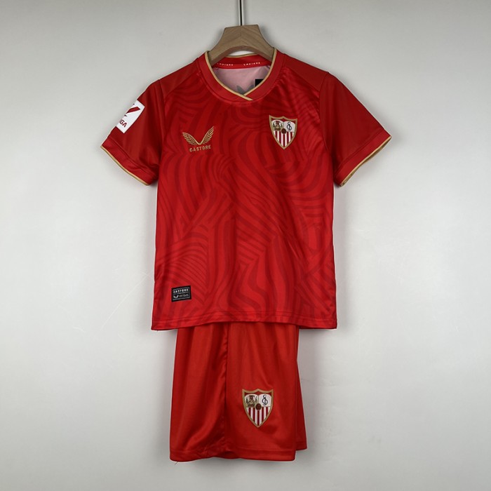 23/24 kids Sevilla away Red Kids Jersey Kit short Sleeve (Shirt + Short)-7824766