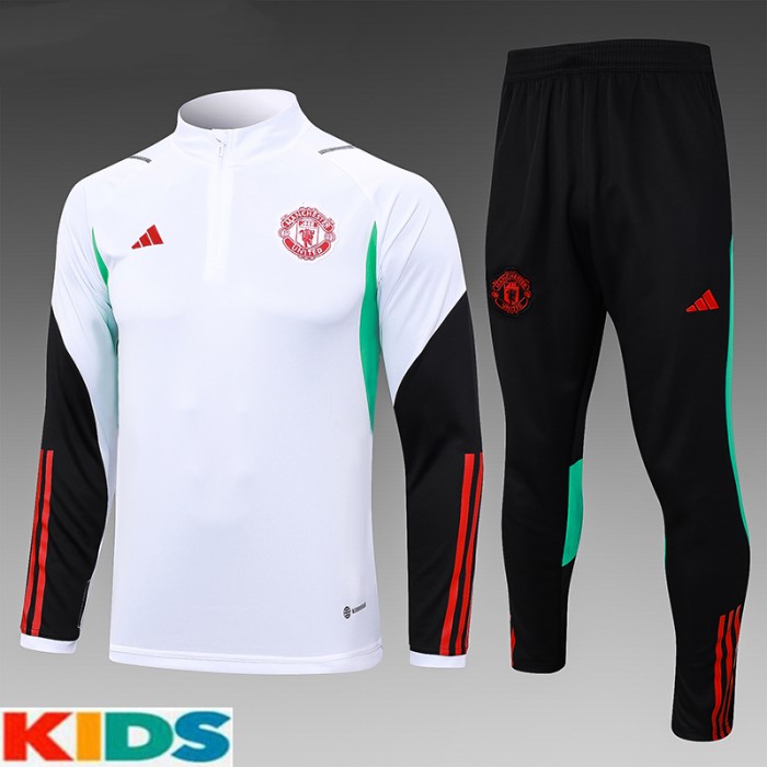 23/24 Kids Manchester United M-U White Kids Edition Classic Jacket Training Suit (Top+Pant)-3130873