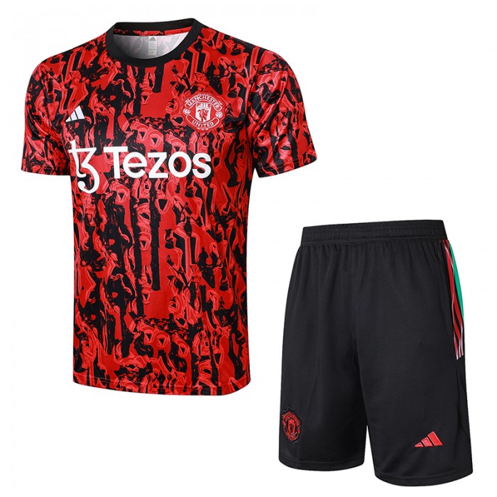 23/24 Manchester United M-U Red Black Training jersey Kit short sleeve (Shirt + Short)-1164752