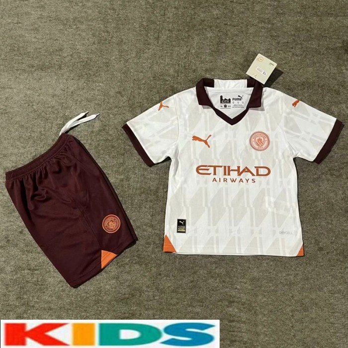 23/24 Kids Manchester City Away White Kids Jersey Kit short Sleeve (Shirt + Short)-9536666