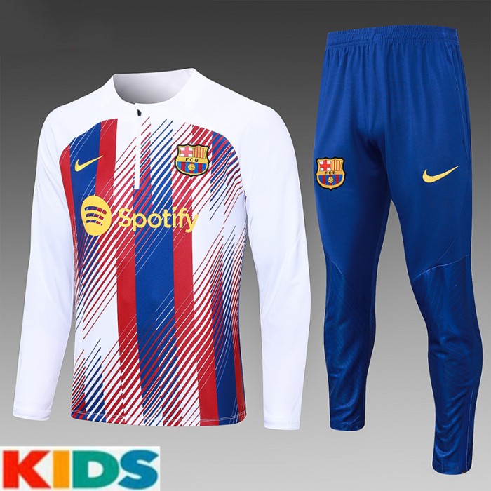 23/24 Kids Barcelona White Blue Kids Edition Classic Jacket Training Suit (Top+Pant)-8738543