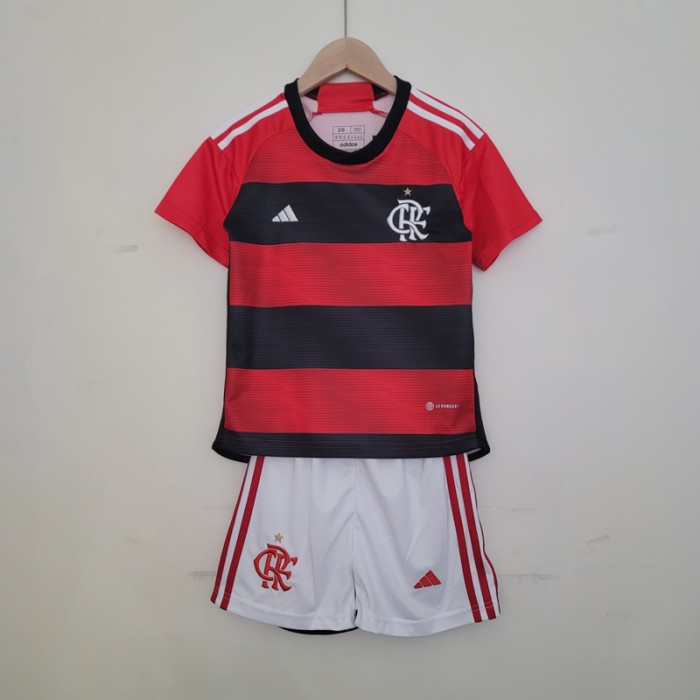 23/24 Kids Flamengo Home Black Red Kids Jersey Kit short Sleeve (Shirt + Short)-5214865
