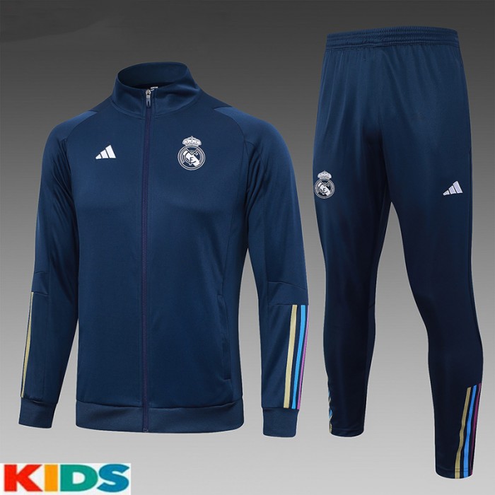 23/24 Kids Real Madrid Navy Blue Kids Edition Classic Jacket Training Suit (Top+Pant)-2717263