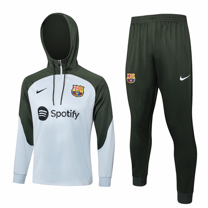 23/24 Barcelona Hooded White Army Green Edition Classic Jacket Training Suit (Top+Pant)-3208255