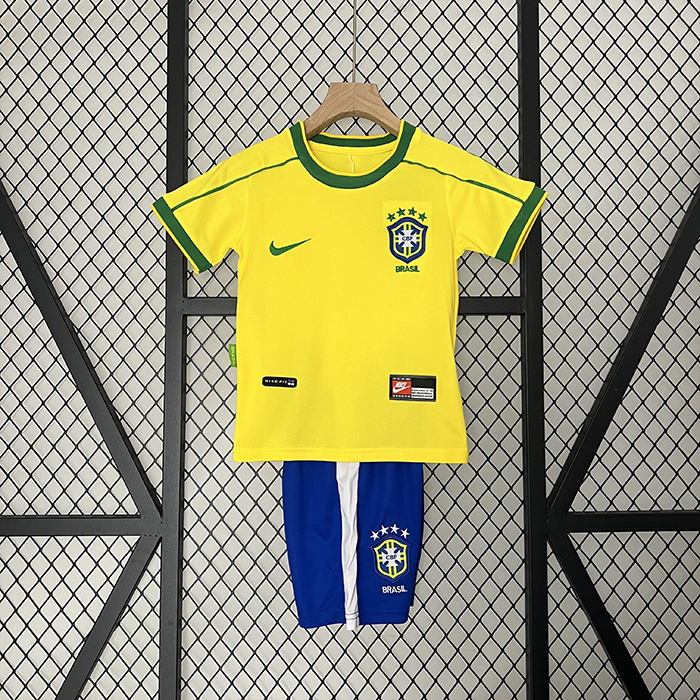Retro Kids 1998 Brazil Home Kids Yellow Jersey Kit short Sleeve (Shirt + Short)-5206878