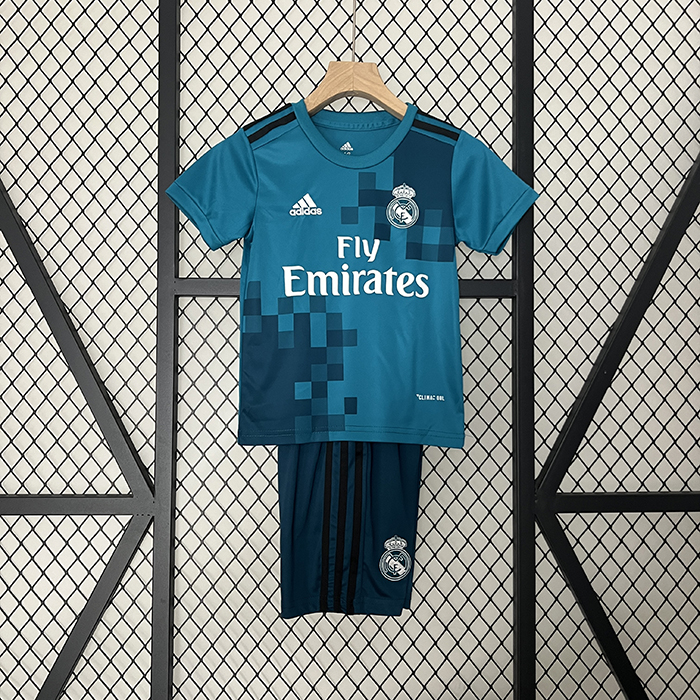 Retro 17/18 Kids Real Madrid Third Away Blue Kids Jersey Kit short Sleeve (Shirt + Short)-4245411