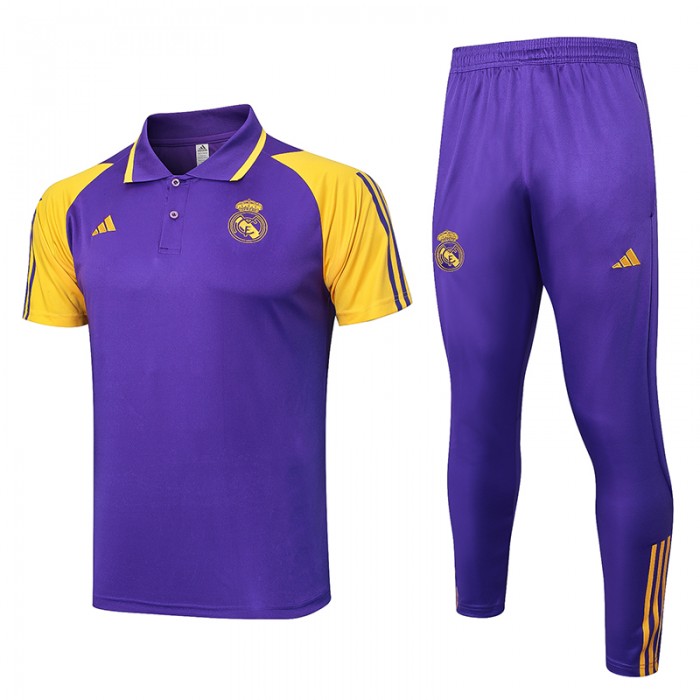 23/24 Real Madrid Training Yellow Purple POLO Jersey Kit short Sleeve (Shirt + Long Pant)-9424034