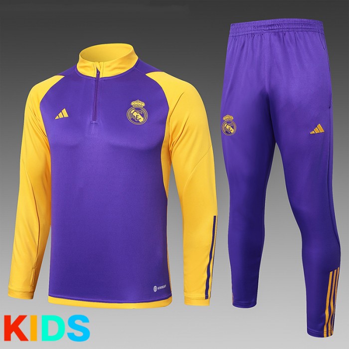 23/24 Kids Real Madrid Purple Yellow Kids Edition Classic Jacket Training Suit (Top+Pant)-7588436