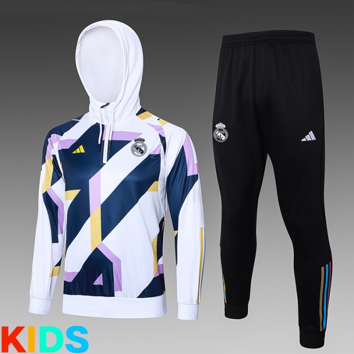 23/24 Kids Real Madrid White Blue Hooded Kids Edition Classic Jacket Training Suit (Top+Pant)-5322467