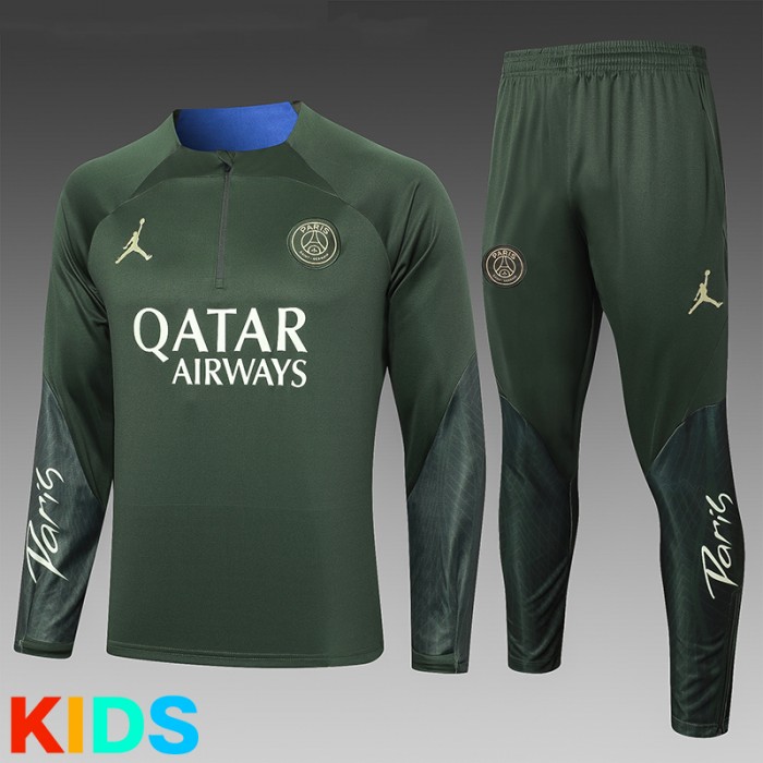 23/24 Kids Paris Saint-Germain PSG Army Green Kids Edition Classic Jacket Training Suit (Top+Pant)-5671781