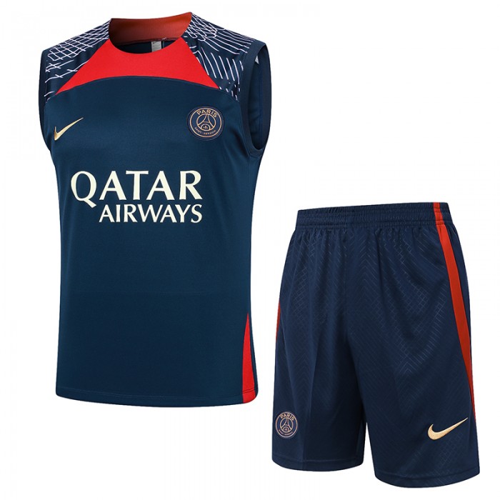 23/24 Paris Saint-Germain PSG Training Nvay Blue Red Jersey Kit Sleeveless (Vest + Short)-5113010