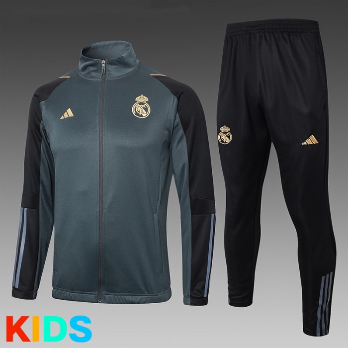 23/24 Kids Real Madrid Gray Black Kids Edition Classic Jacket Training Suit (Top+Pant)-3057862