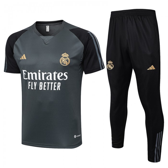 23/24 Real Madrid Training Gray POLO Jersey Kit short Sleeve (Shirt + Long Pant)-5961793