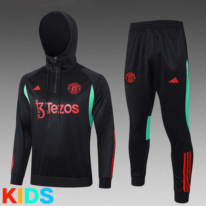 23/24 Kids Manchester United M-U Black Red Kids Hooded Edition Classic Jacket Training Suit (Top+Pant)-193635