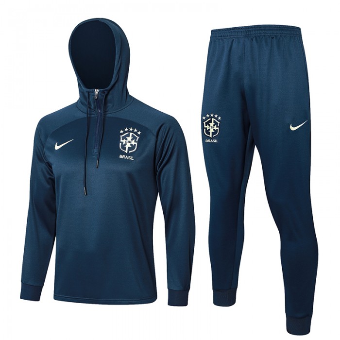 2023 Brazil Navy Blue Hooded Edition Classic Jacket Training Suit (Top+Pant)-4855406
