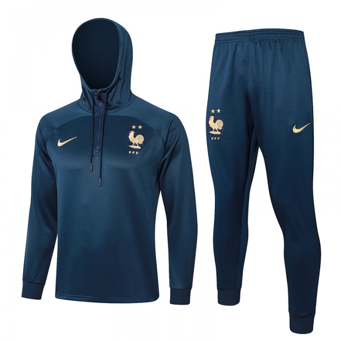 2023 France Navy Blue Hooded Edition Classic Jacket Training Suit (Top+Pant)-6923065