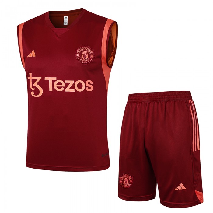 23/24 Manchester United M-U Training Red Jersey Kit Sleeveless (Vest + Short)-3110757