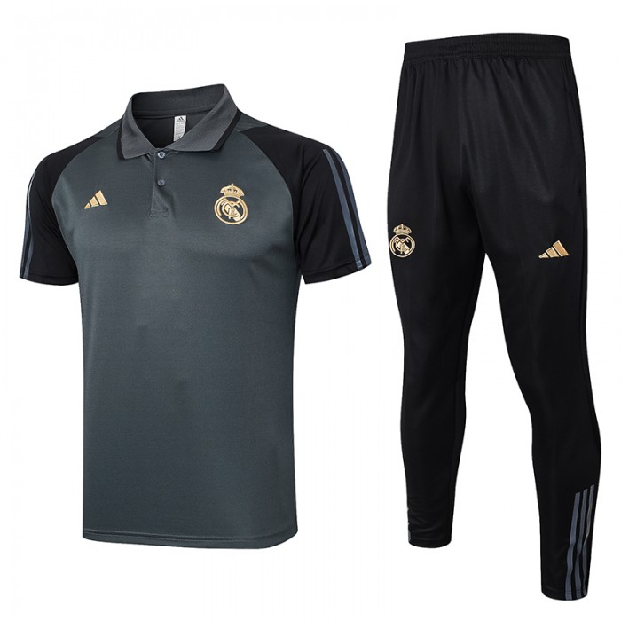 23/24 Real Madrid Training Gray POLO Jersey Kit short Sleeve (Shirt + Long Pant)-9164181
