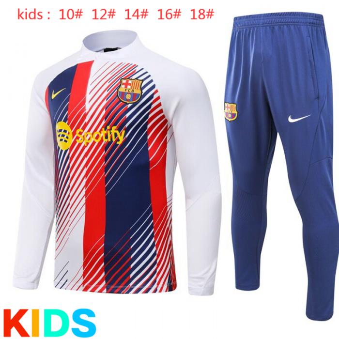 23/24 Kids Barcelona White Blue Kids Edition Classic Jacket Training Suit (Top+Pant)-3869792