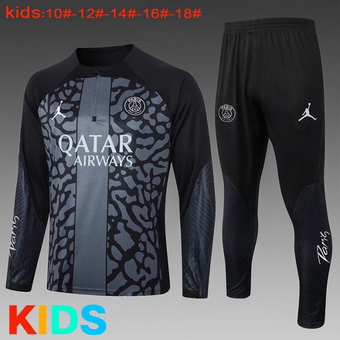 23/24 Kids Paris Saint-Germain PSG Gray Black Kids Edition Classic Jacket Training Suit (Top+Pant)-6060966