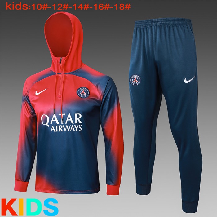 23/24 Kids Paris Saint-Germain PSG Red Navy Blue Kids Hooded Edition Classic Jacket Training Suit (Top+Pant)-2922070