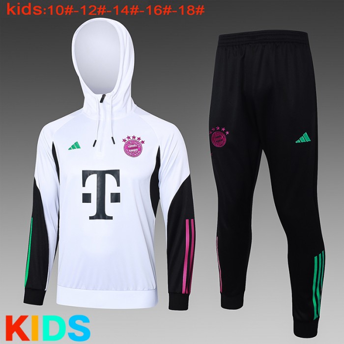 23/24 Kids Bayern Munich White Black Kids Hooded Edition Classic Jacket Training Suit (Top+Pant)-279540