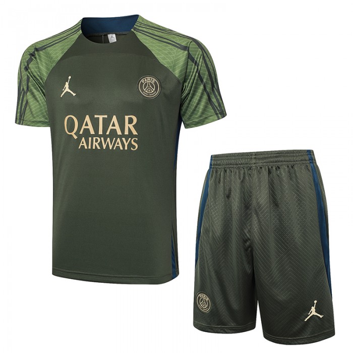 23/24 Paris Saint-Germain PSG Training Army Green Jersey Kit short Sleeve (Shirt + Short)-6850303