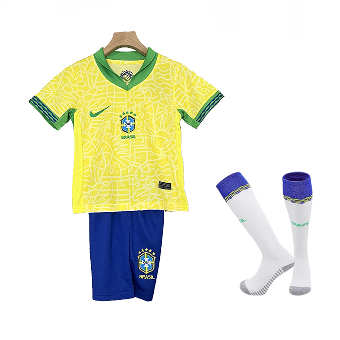 2024 Kids Brazil Home Kids Yellow Jersey Kit short sleeve (Shirt + Short + Socks)-5070469